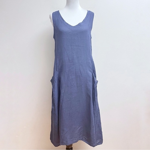Lands Downunder Womens Medium Blue Linen Market Parachute Sack Midi Pocket Dress - Picture 1 of 8